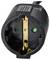 A close-up of a black electrical plug socket with two green holes, a gold prong inside, marked with '250V'.