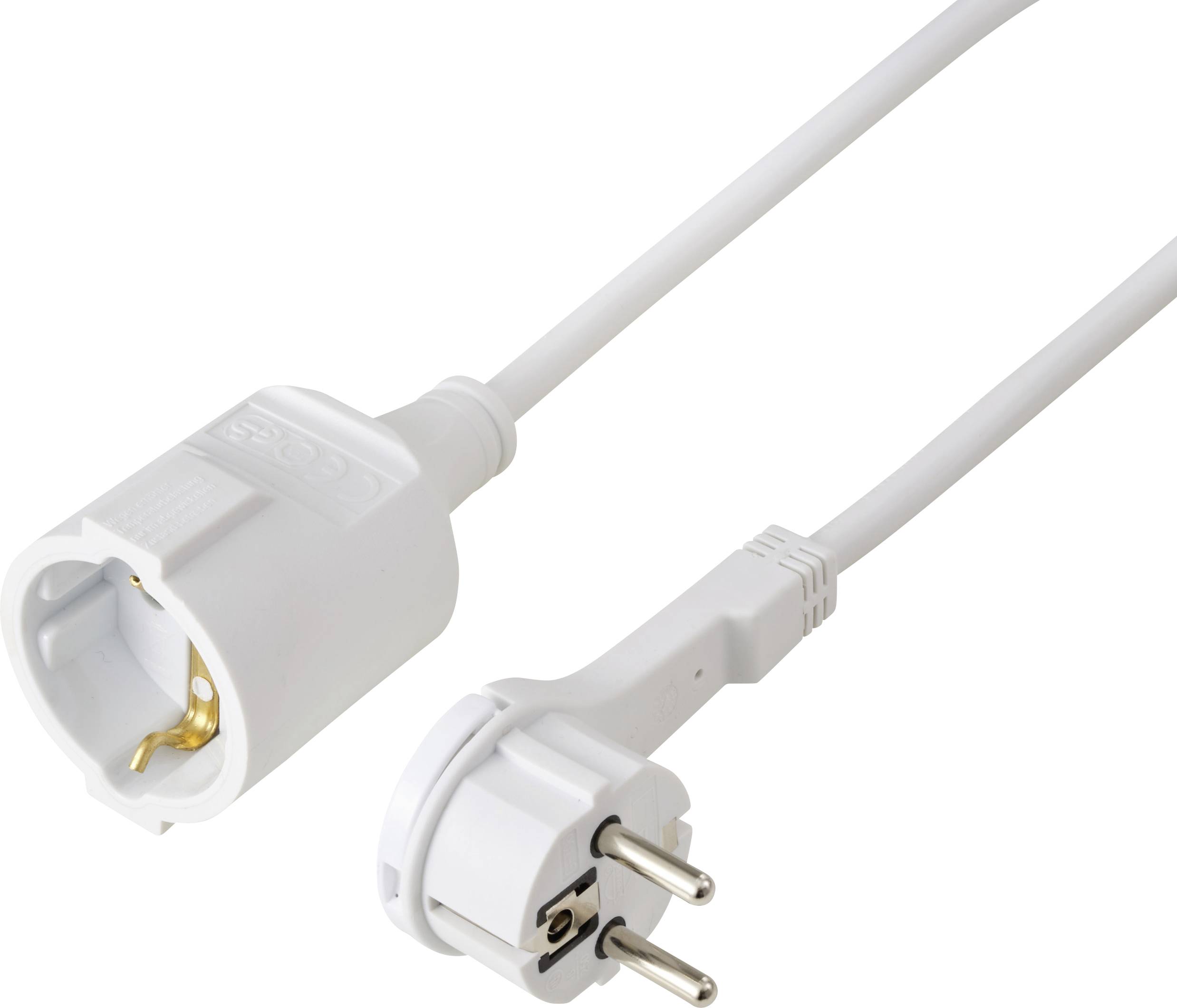 A white European power plug with a two-pin design is shown, connected by a cord to a socket adapter, both on a clean white background.