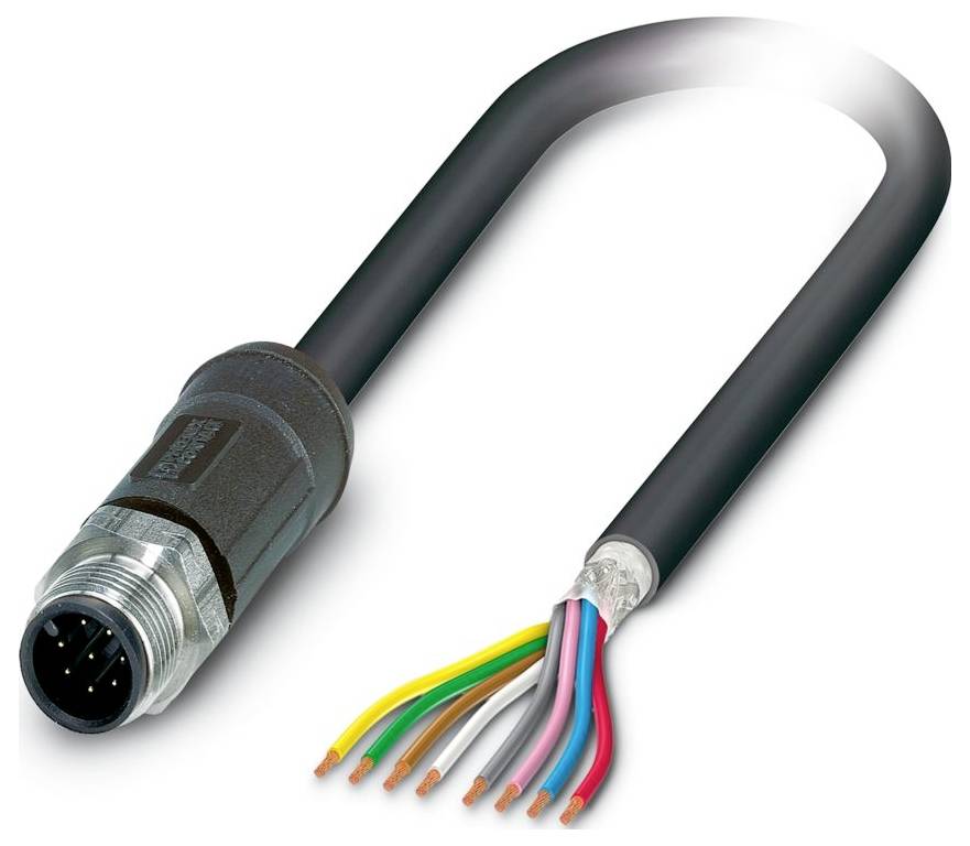 A black cable with one end having a circular metal connector featuring five pins and exposed multicolored wires on the other end.