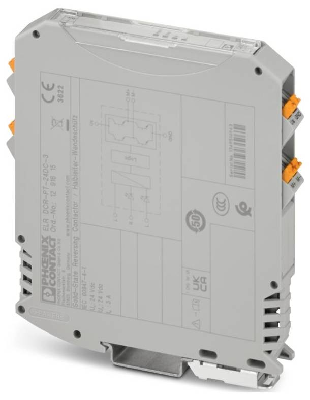 A grey electronic device with connector ports and specifications printed on the side, used for industrial control systems.
