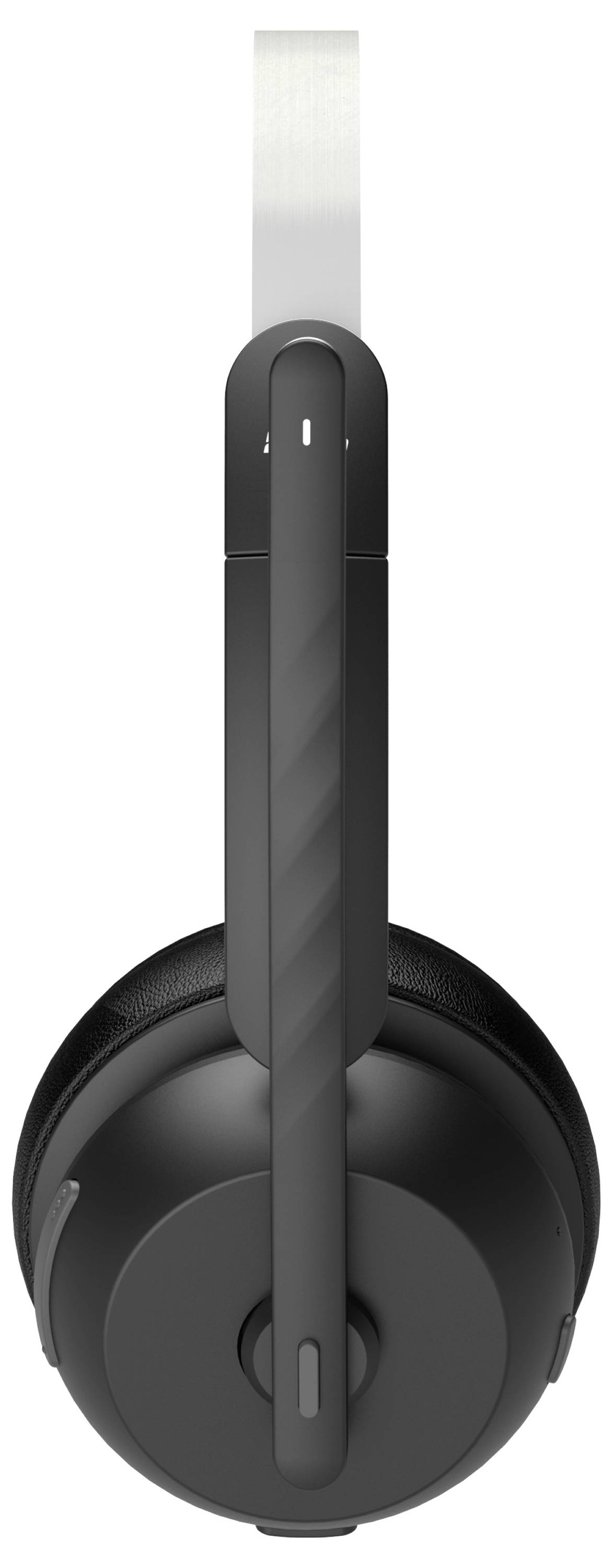 'Black headphones with an adjustable headband viewed from the side.'