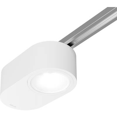A white, modern track light with a sleek, cylindrical design is shown mounted on a metallic track, emitting soft light downwards.