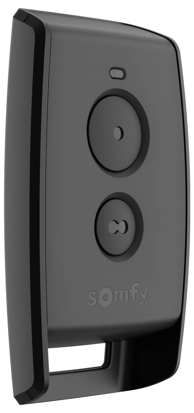 Black remote control with two round buttons for operating a Somfy device.
