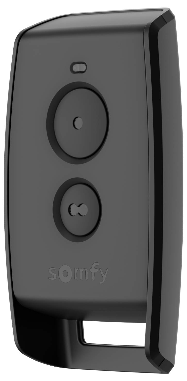 A sleek black remote control with two buttons, designed for operating Somfy devices, featuring a minimalist and modern design.