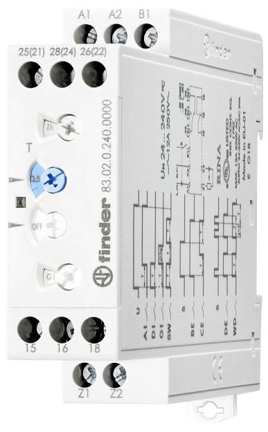 'Finder relay timer model 83.02.0.240.0000', features multiple input/output terminals, schematic diagram, and voltage specifications on its surface.