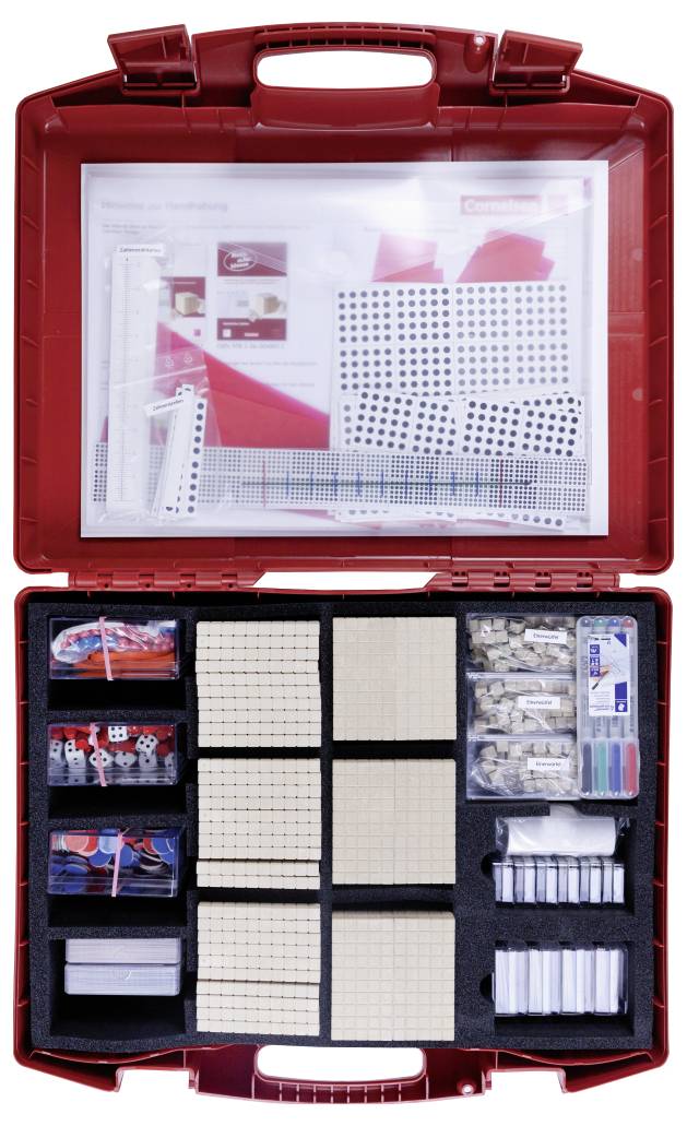 Open red case with organized educational tools, including math grids, dice, and blocks for teaching mathematical concepts.