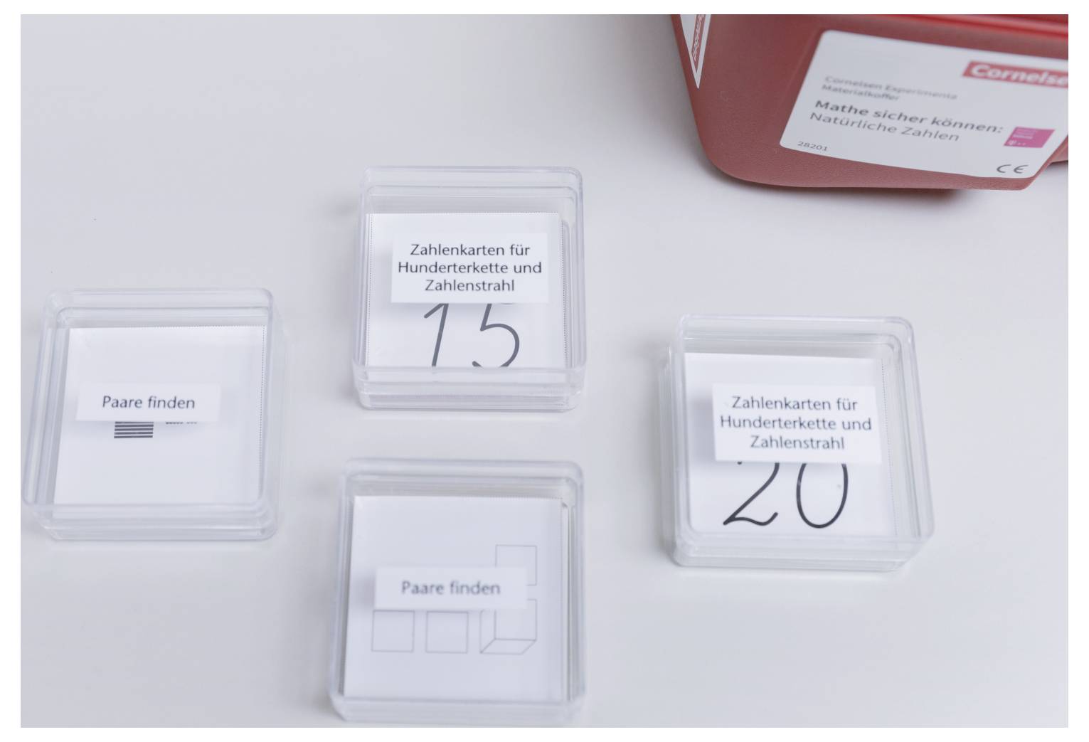'Zahlenkarten für Hunderterkette und Zahlenstrahl' box labeled '15', containing number cards. Another box labeled '20'.