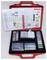'A red case containing various educational tools and materials, including pens, cards, and instructional sheets, arranged neatly in compartments.'