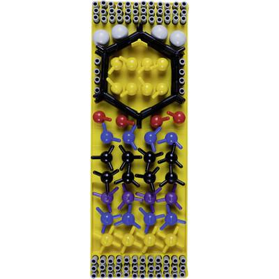 Colorful model representing a molecular structure with interconnected parts on a yellow base, featuring various shapes and colors.