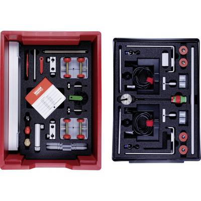 'Physics laboratory equipment arranged in a foam-lined case, including pulleys, weights, rods, and clips for experiments.'
