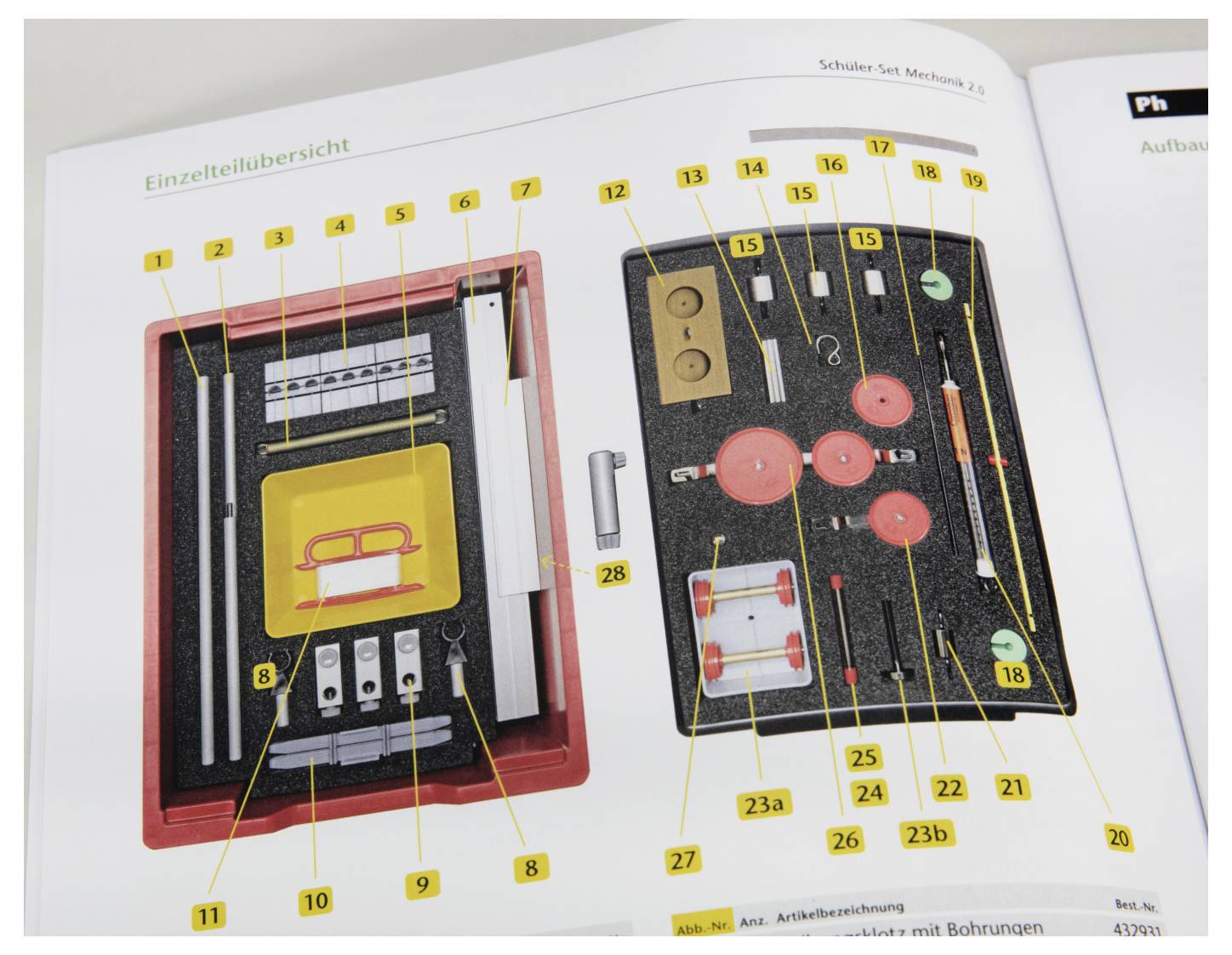 'Einzelteilübersicht' text above a tool set in a case with numbered labels identifying various components, each in specific compartments.