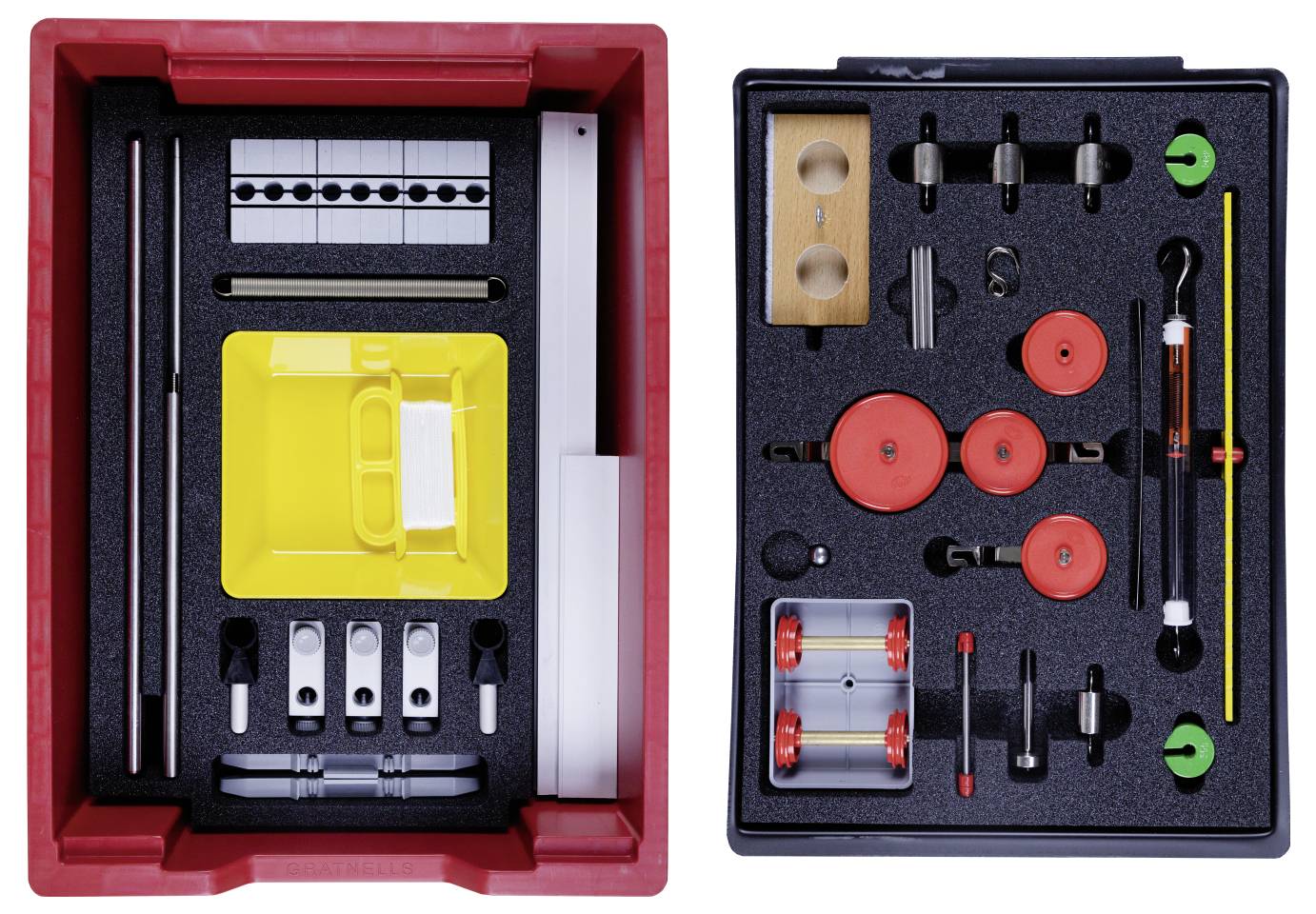'Two trays of lab equipment; the left tray contains dividers, clamps, and a yellow compartment; the right tray holds rods, wheels, and miscellaneous tools.'