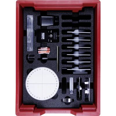 'Physics experiment kit in a red container, featuring a model turntable, battery, spool, ruler, and various small electronic components.'