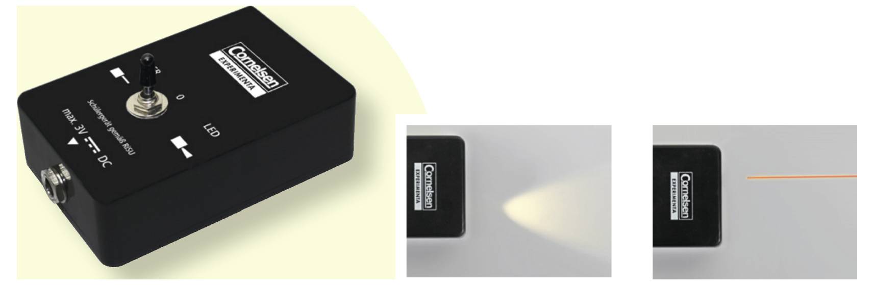 'A compact black electronic device labeled "Coltraco" is shown. It features a switch and LED indicators. Two side views display light emission.'