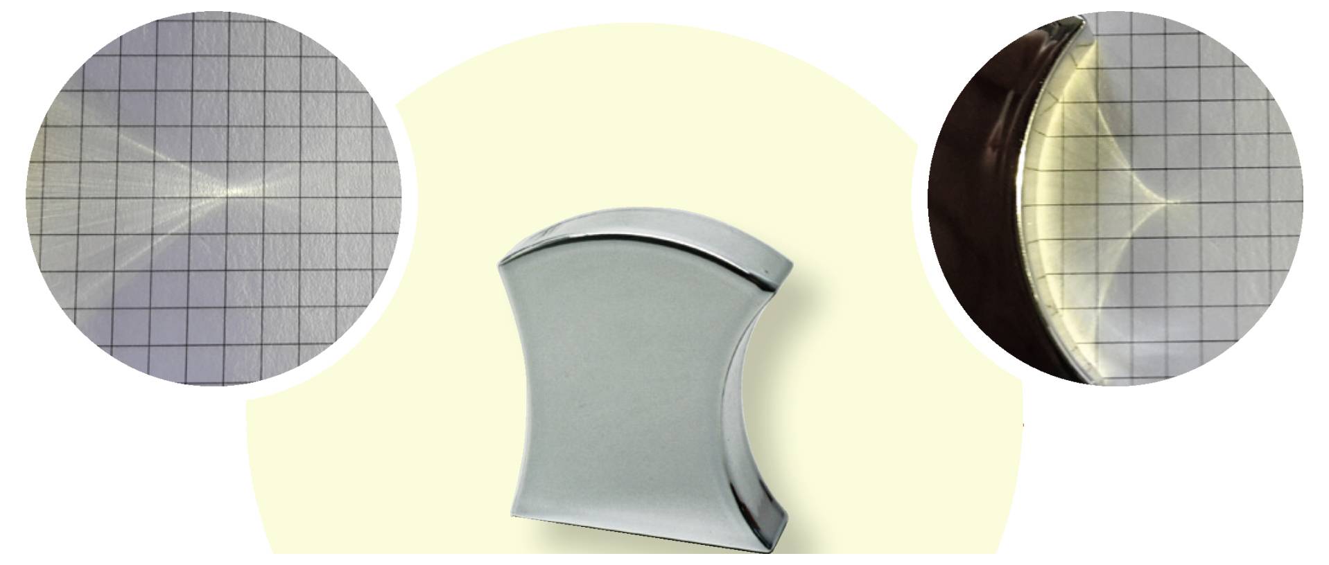 'Central silver metallic, concave object against a yellow background; left and right: magnified close-ups showing its reflective properties on grid paper.'