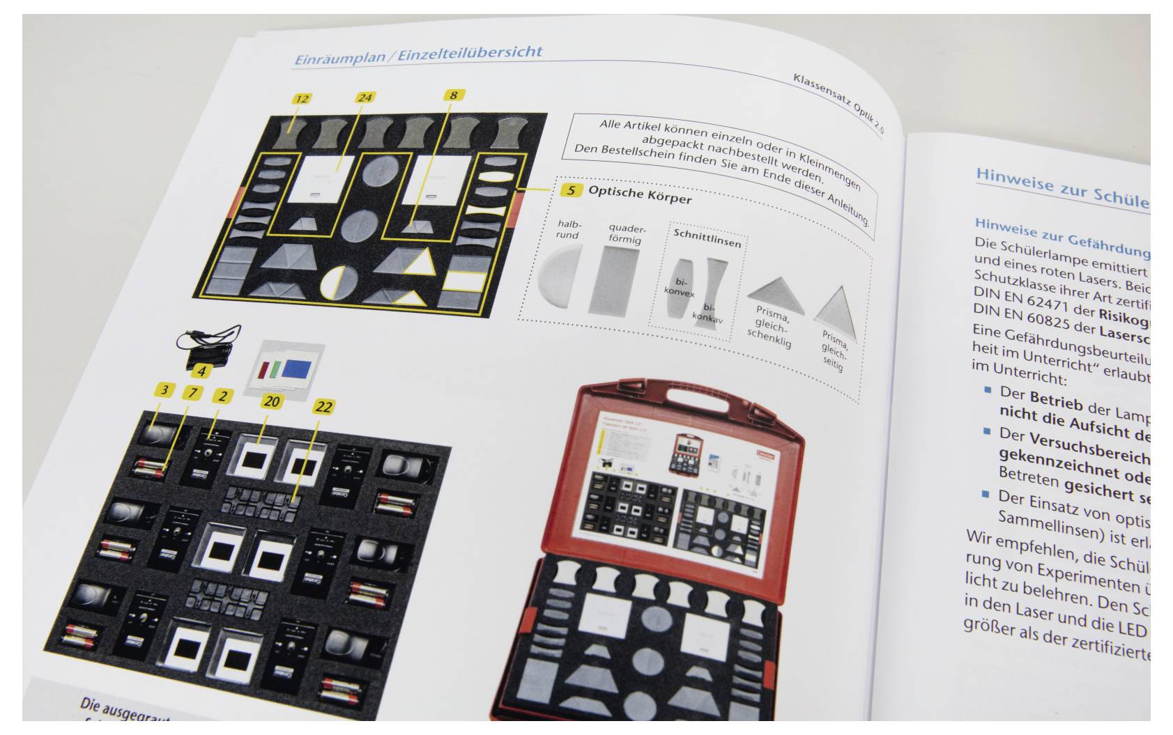 An open catalog features diagrams and images of geometric shape kits for educational purposes, displaying various sets and their organization.