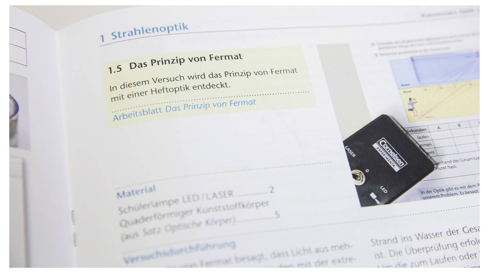 A textbook page on optics, titled 'Das Prinzip von Fermat'. It includes text about an experiment, a photo of a laser device, and a link.