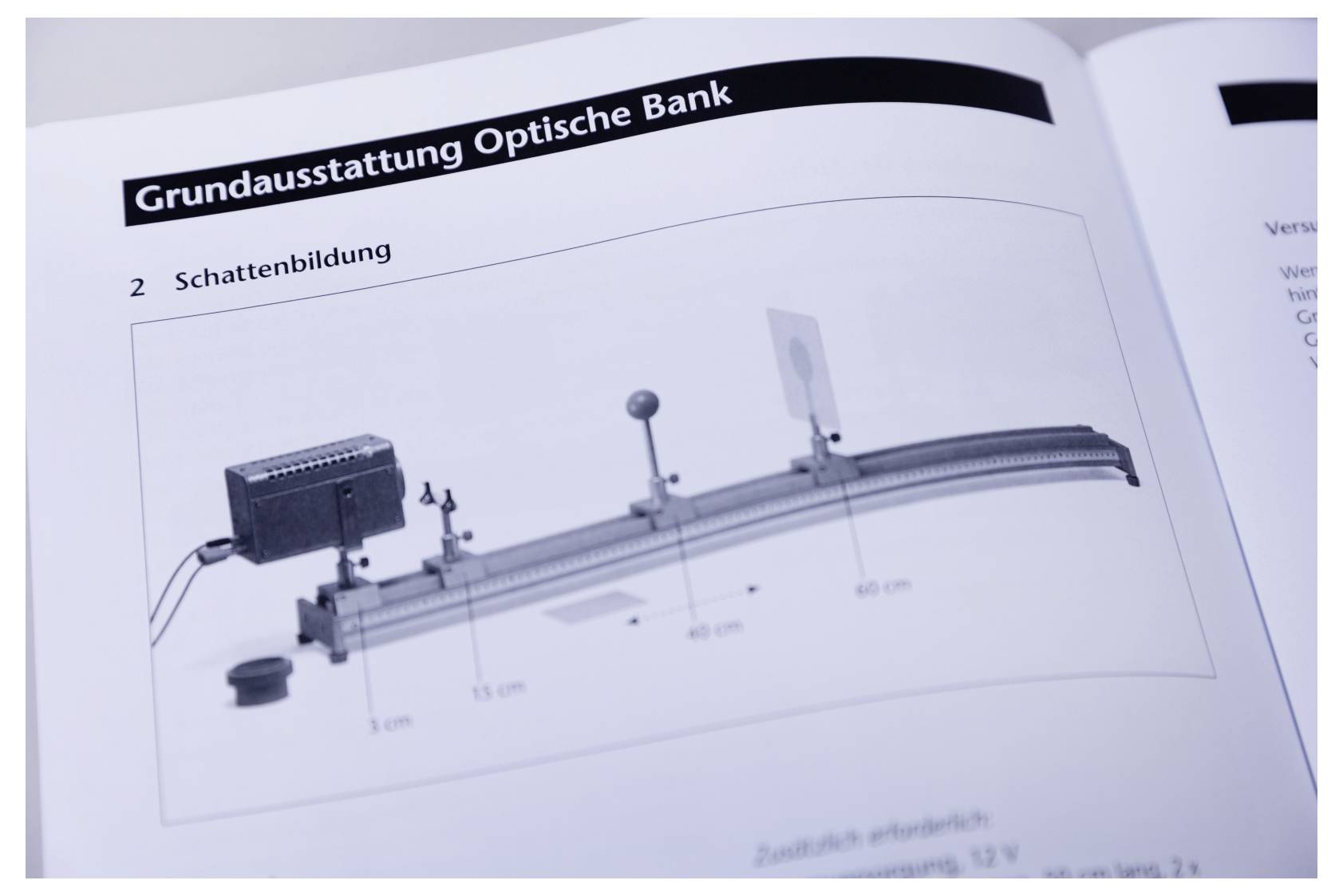 A diagram on a page titled 'Grundausstattung Optische Bank' shows a shadow formation setup with measurements and equipment labels.