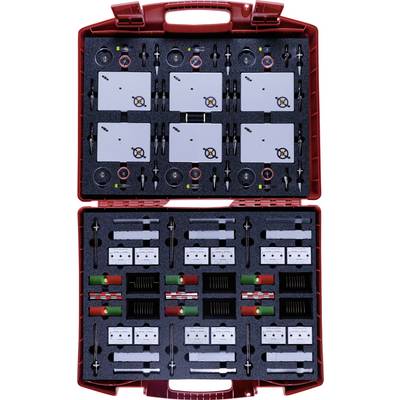 'A red carrying case opened to show organized compartments containing a variety of tools and accessories, including clamps, screws, and plates.'