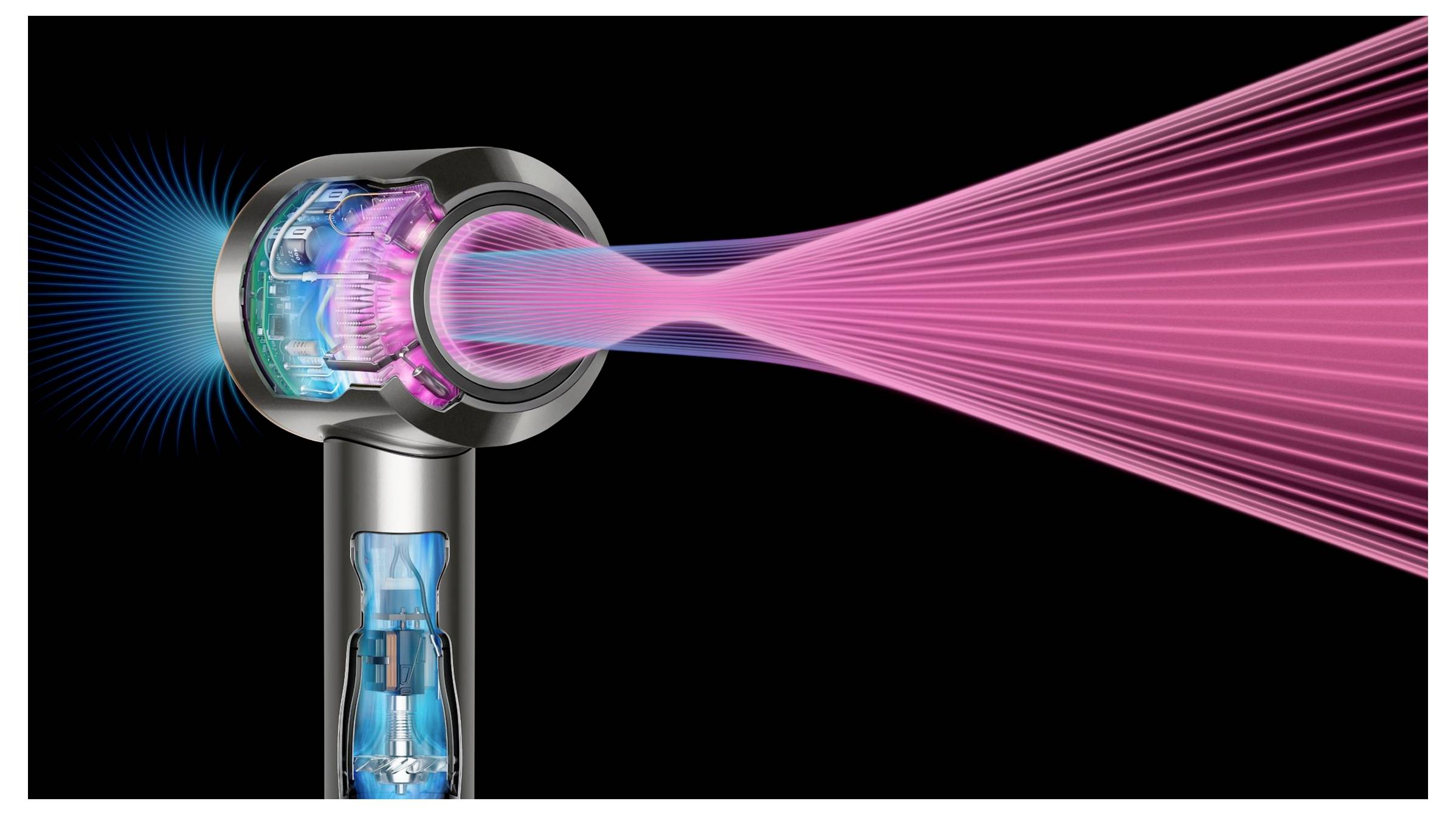Hair dryer illustration showing airflow technology with pink and blue highlights indicating heat distribution and power dynamics.