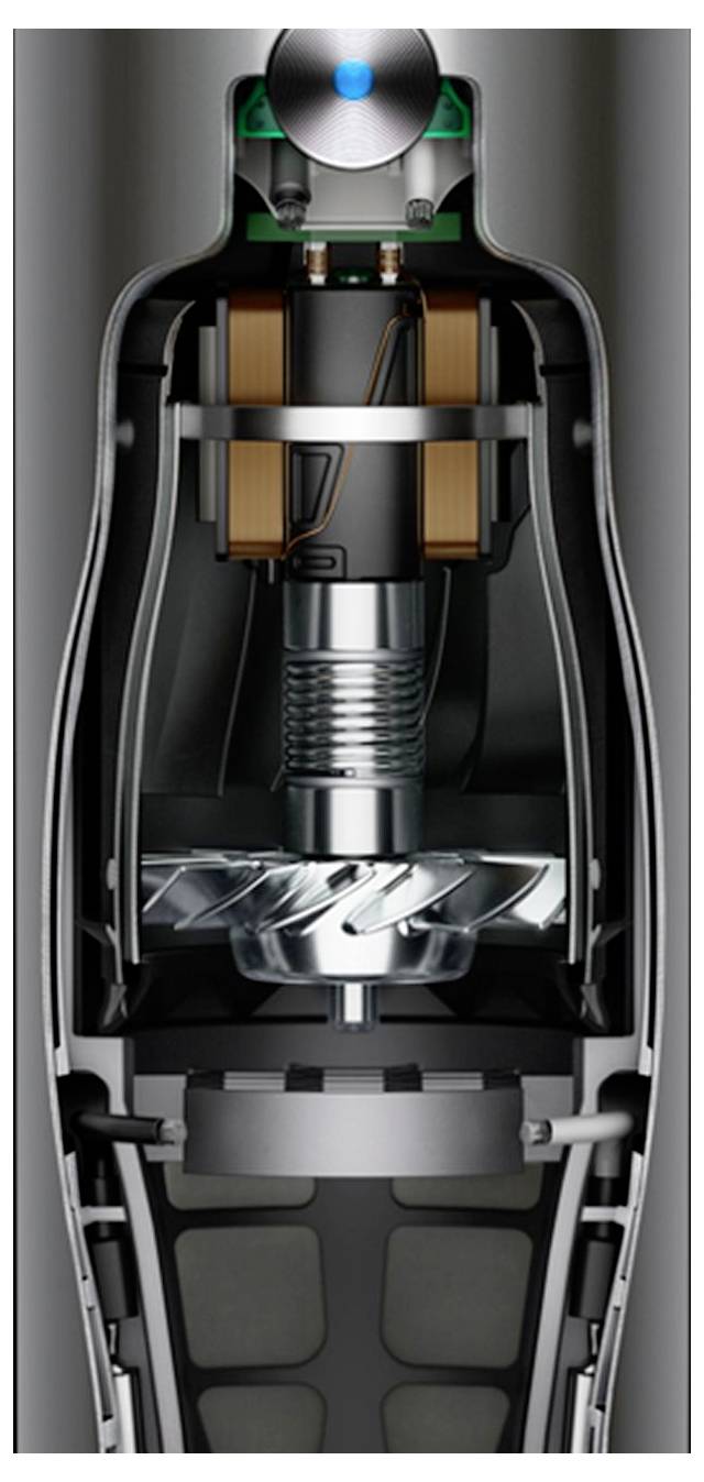 Cross-section of a battery, showing internal components including a blue-top terminal, coils, a central spring, and metal plates.