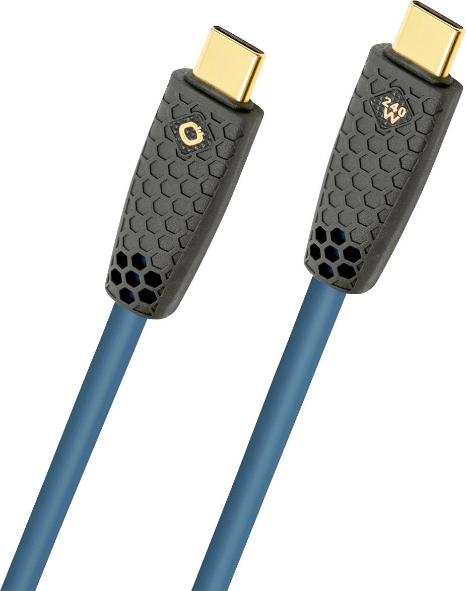 A pair of grey and blue USB-C cables with gold connectors, marked with ‘40 Gbps’ and ’240 W’, indicating high data transfer and power delivery capabilities.