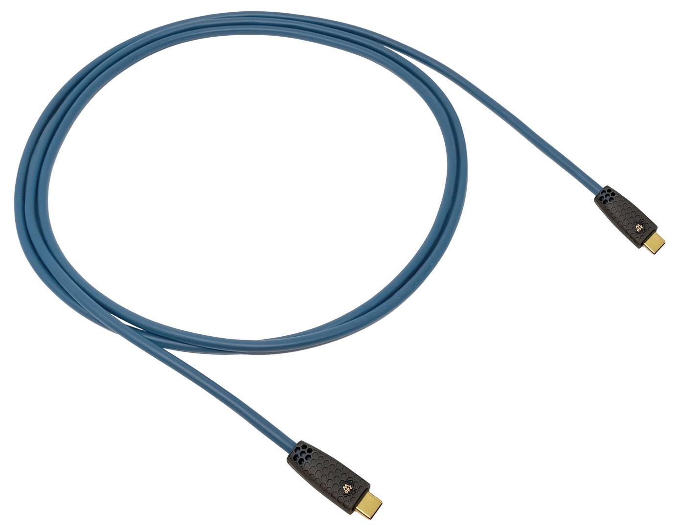 A blue HDMI cable with gold connectors, coiled in a circle on a white background.