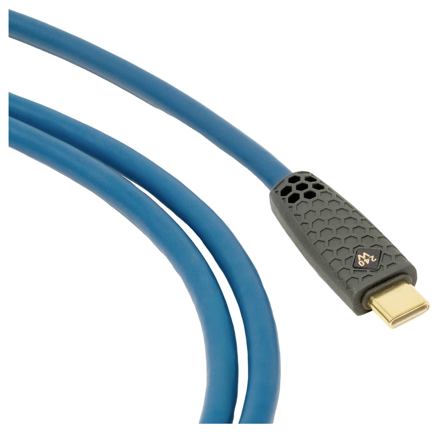 'A blue USB-C cable with a black connector showing a small red and white logo.'