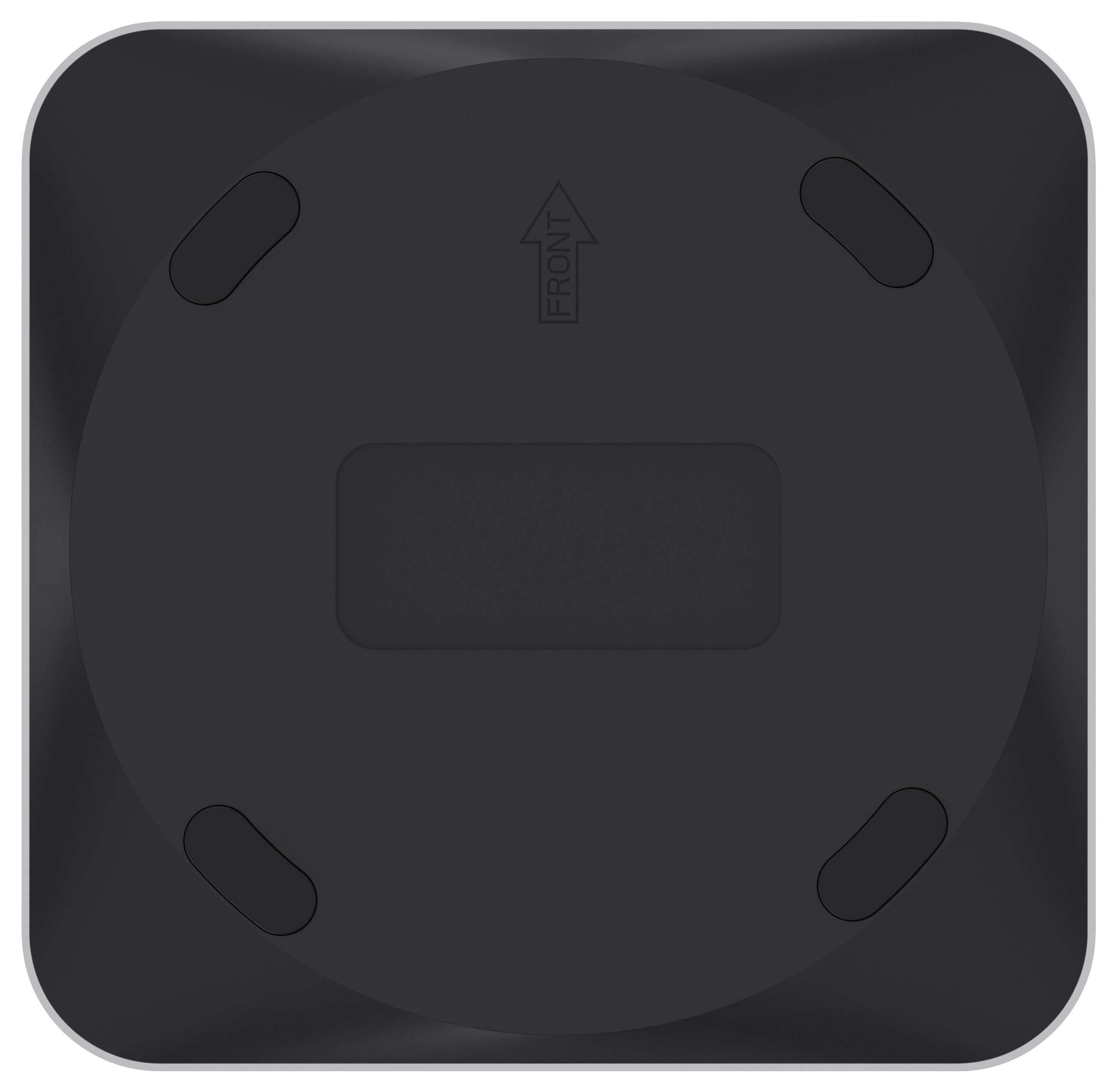 'A dark, square device with rounded corners, featuring circular markings and an arrow indicating the front.'