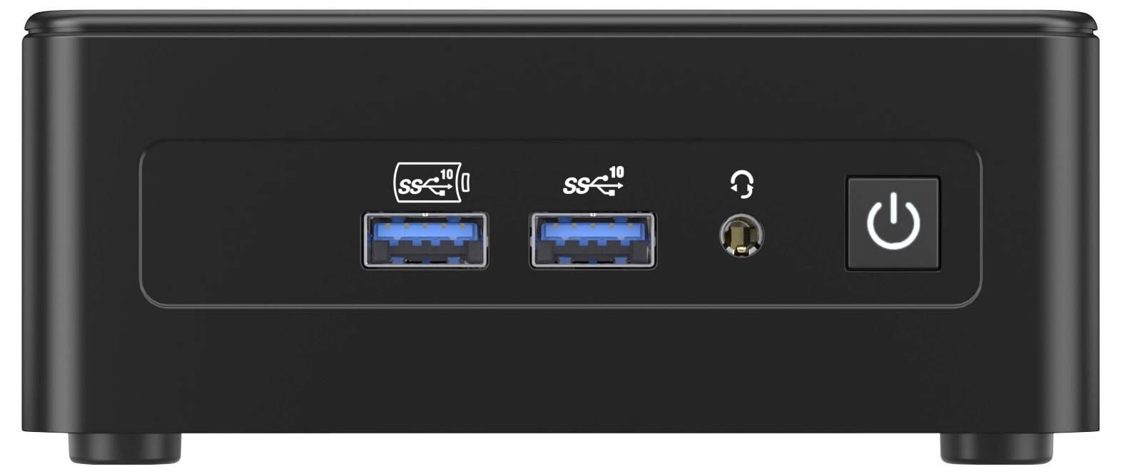 A compact black electronic device with two USB ports, audio jack, and power button on the front panel.