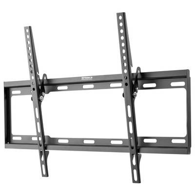 'Wall-mounted TV bracket with adjustable vertical arms for tilting. Suitable for flat-screen TVs, showing mounting holes and brackets.'