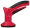 A red and black scrub brush with a curved handle, designed for cleaning surfaces.