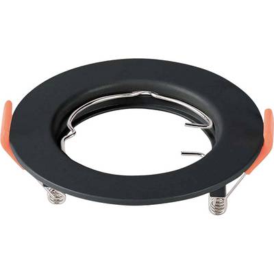 'A black recessed downlight fitting with two orange clips and metal springs for installation.'
