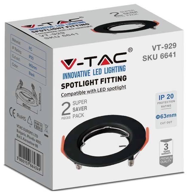 'V-TAC Innovative LED Lighting Spotlight Fitting' packaging, SKU 6641. Features include IP20 protection, 63mm cut-out, 2-pack.
