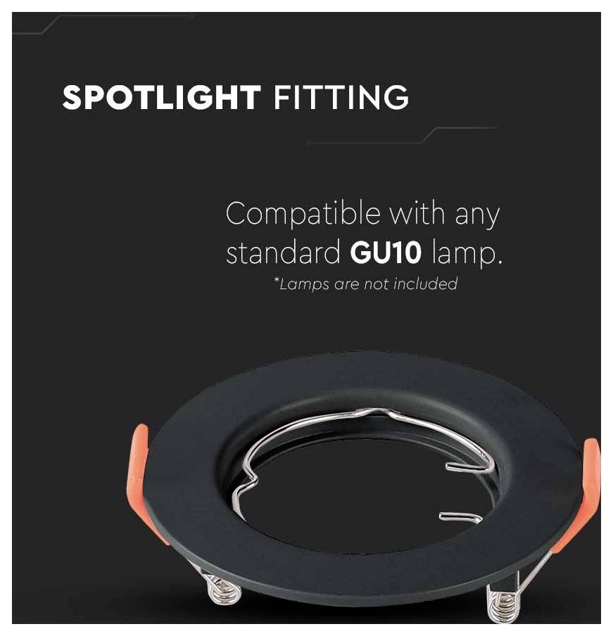 Round black spotlight fitting compatible with GU10 lamps. Includes orange clips. Text: 'Compatible with any standard GU10 lamp.'