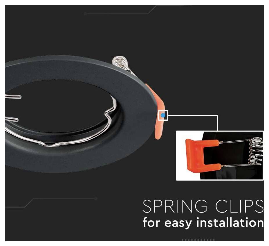 'Spring clips for easy installation' shown with a close-up of a clip and fitting mechanism on a black background.
