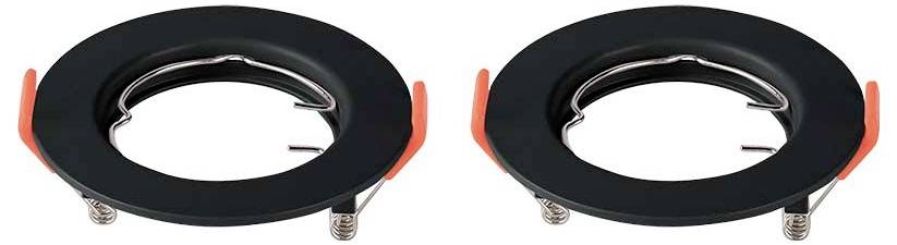 Two black plastic rings with red tabs, likely parts of a mounting or holding system, shown side by side on a white background.