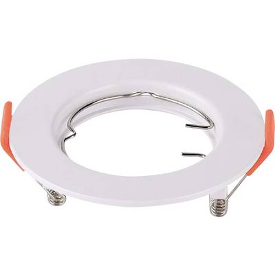A circular white spotlight mounting ring with metal springs and orange side clips, used for installing ceiling recessed lights.