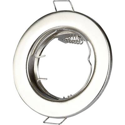 A circular, metallic light fixture adapter with a spring clip mechanism, used for mounting recessed ceiling lights.