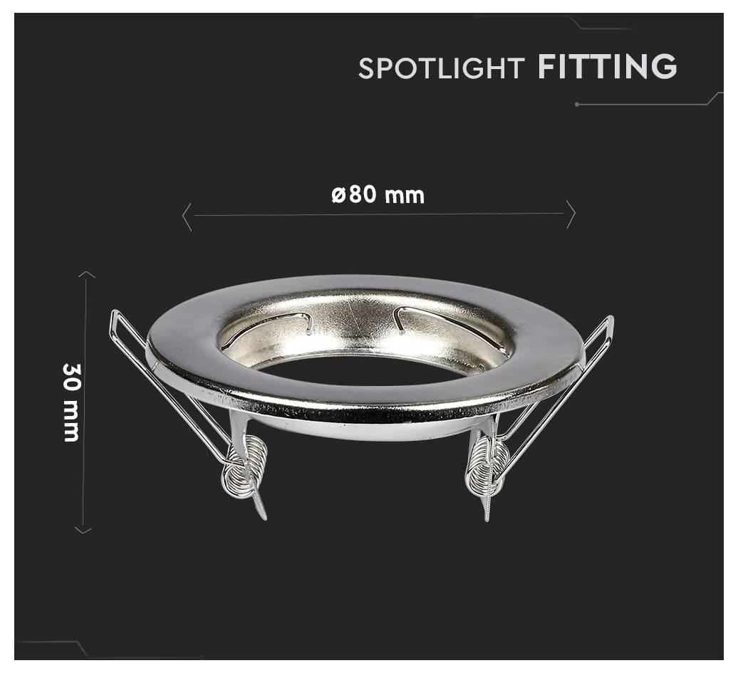 'Spotlight fitting' showing a round, metal light fixture with dimensions labeled: diameter 80 mm, height 30 mm, against a dark background.
