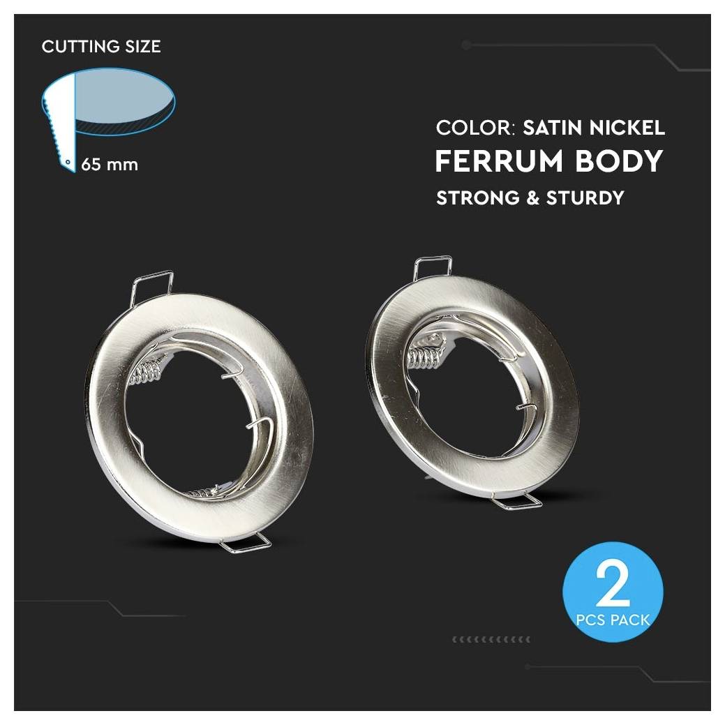 'Cutting size: 65 mm. Color: Satin Nickel. Ferrum body, strong & sturdy. 2 pcs pack.' Features two metal circular objects.