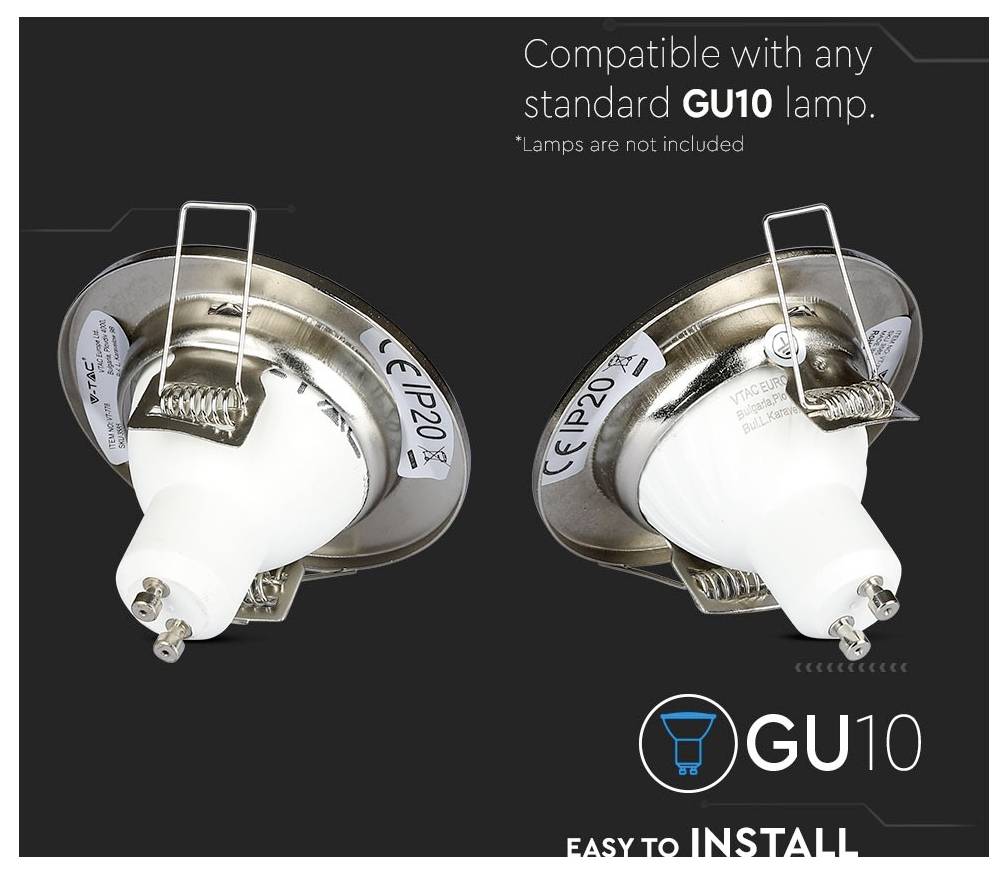 Two GU10 lamp holders, labeled with 'IP20' and 'CE'. Text reads: 'Compatible with any standard GU10 lamp. Easy to install'.