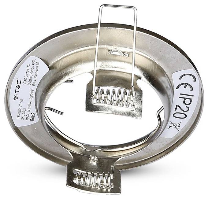 'V-TAC' metal ring light fixture piece, showing CE and IP20 markings, with metal springs and a bracket for securing a bulb.