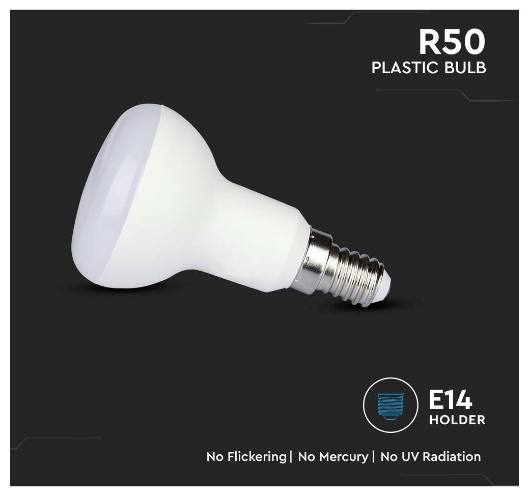 'R50 Plastic Bulb', a white bulb with E14 holder. Features: no flickering, no mercury, no UV radiation.