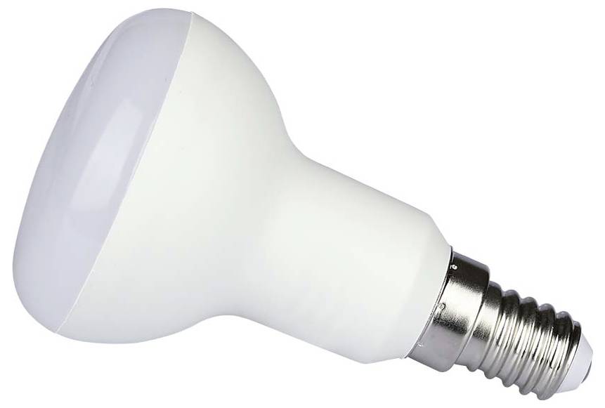 A white LED light bulb with a reflective metal base and frosted glass top is shown on a white background.