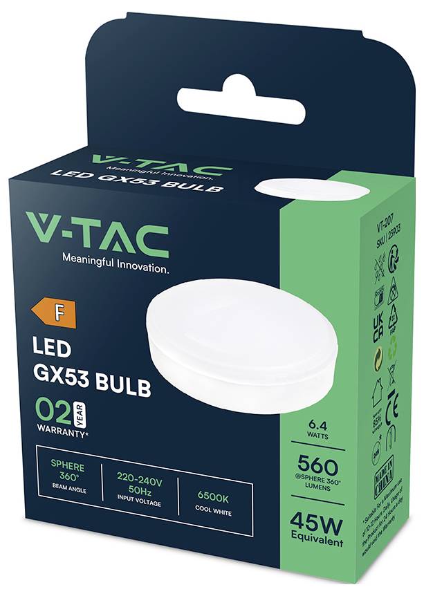'V-TAC LED GX53 bulb' packaging, showing an image of the bulb. Key specifications: 6.4 watts, 560 lumens, 6500K cool white, F energy rating.