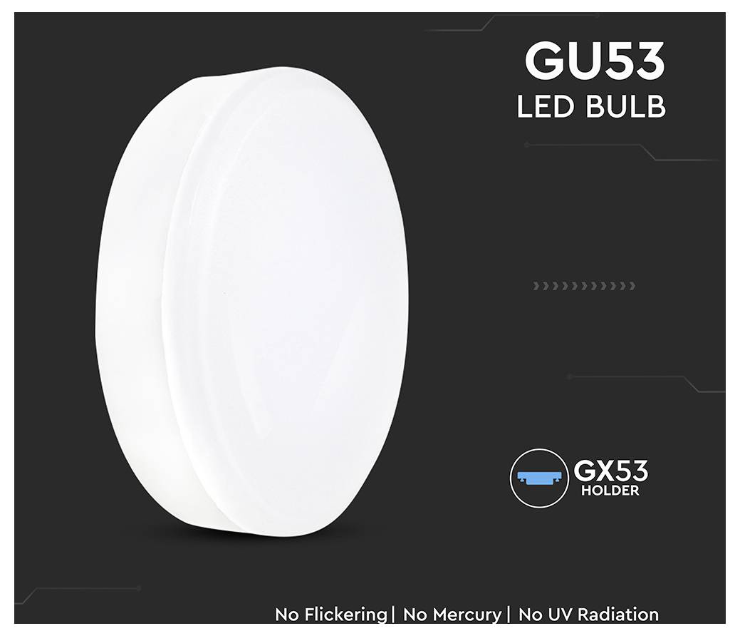 'GU53 LED Bulb' shown with GX53 holder, features include no flickering, no mercury, and no UV radiation.