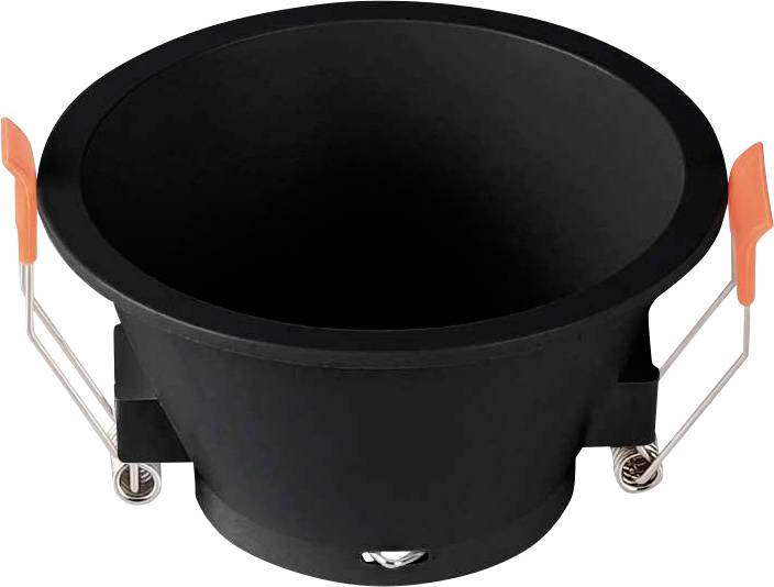 A black recessed ceiling light fixture with silver brackets and orange clips, designed for flush installation.