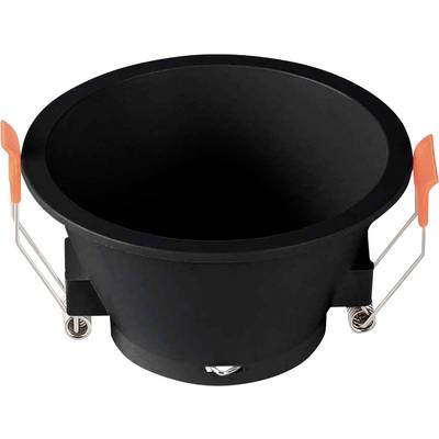 A black recessed ceiling light fixture with silver brackets and orange clips, designed for flush installation.