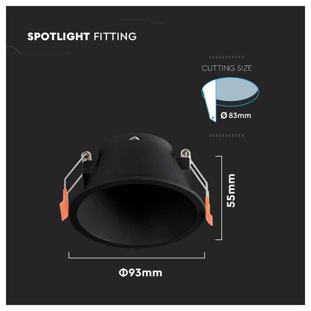The image shows a spotlight fitting with dimensions: 93mm diameter and 55mm height, and a cutting size of 83mm diameter.